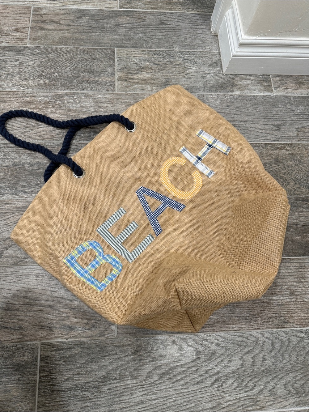 Canvas Beach Tote Bag with Navy Rope Handles